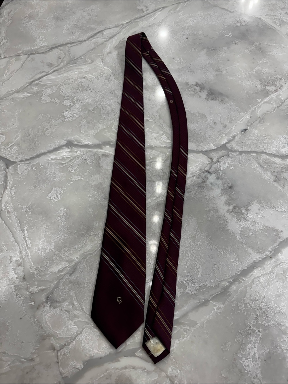 Dior Burgundy Striped Silk Tie with Gold and Gray Accents